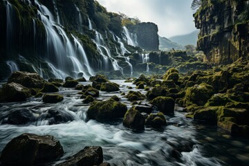 A waterfall flows in the river amid rocks, a stunning natural landscape