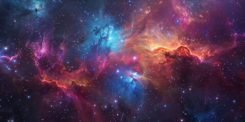 Vivid cosmic nebula with an array of colors and stars.
