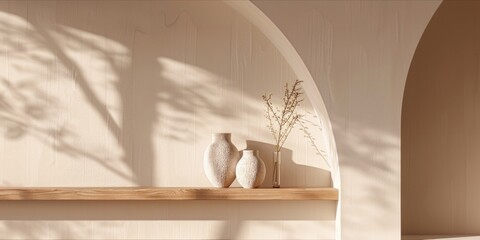 Minimalist shelf with vases in an arched alcove with soft shadows.