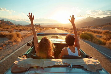A happy couple drives along a tranquil country road at sunset in a convertible, basking in the warm glow of the evening sun as they enjoy each other's company and the picturesque surroundings. - obrazy, fototapety, plakaty