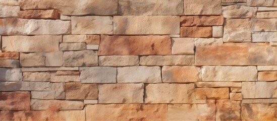 A detailed closeup of a brown brick wall showcasing the rectangular brickwork. The earthy tones of the beige bricks resemble wood or rock flooring