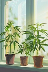 Cannabis bushes in pots on the windowsill. Legally grown for medical purposes. Thriving medical cannabis indoors. Healing in the comfort of home.
