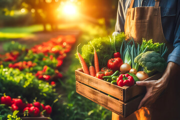 A person in a sunlit garden, holding a crate of fresh, colorful vegetables. Harvesting fresh, organic vegetables in a lush, sunlit garden.