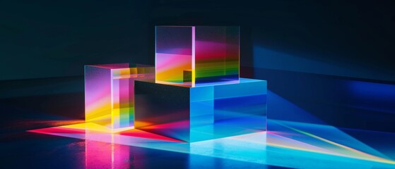 Striking 3D-rendered prisms casting vibrant light shadows and reflections on a dark surface
