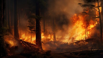 Intense forest blaze, towering trees engulfed by flames, dramatic wildfire, emergency environmental issue.