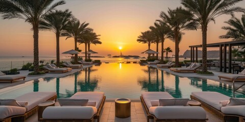 Luxury poolside lounge area at sunset with palm trees.