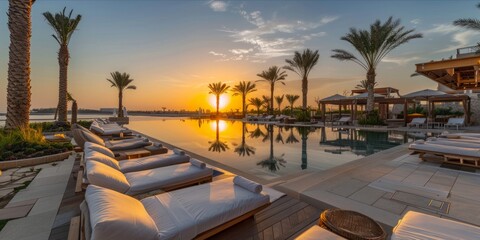 Luxury poolside lounge area at sunset with palm trees.