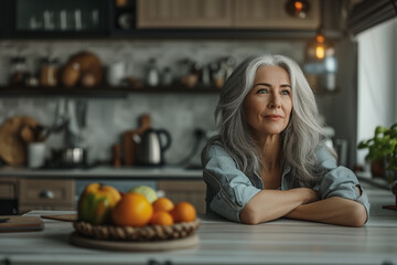 Elegant gray haired confident middle-age mature woman portrait in a kitchen