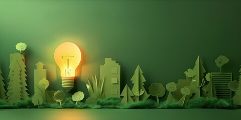 Paper art of light bulb and green city concept on green background.