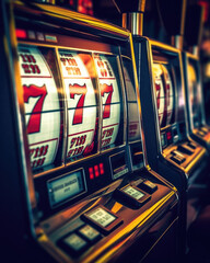 Lucky sevens on a casino gaming slot machine pull