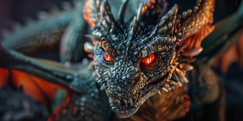Close up of a detailed dragon model with glowing eyes - obrazy, fototapety, plakaty