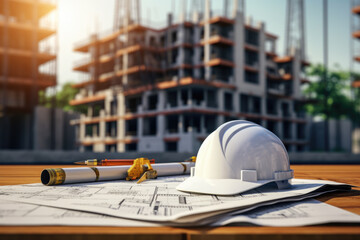 Hard hat and blueprints on a construction site building project
