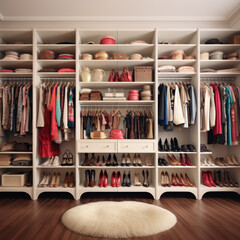 Organized women's closet with fashion clothes hats and shoes
