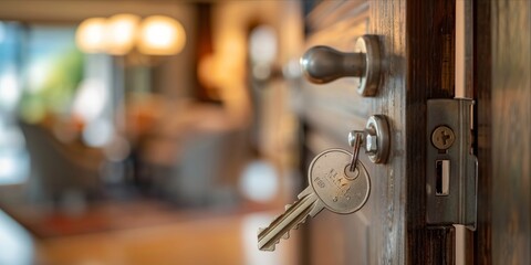 Key in a door lock with blurred background of a home interior