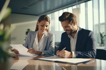 Office contract being signed in an office building by a man and a woman