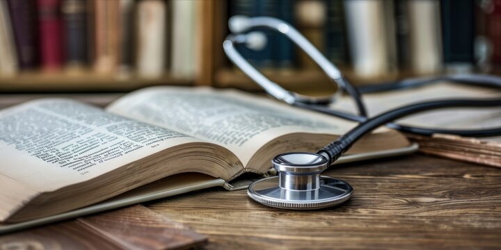 Open book with stethoscope on a desk