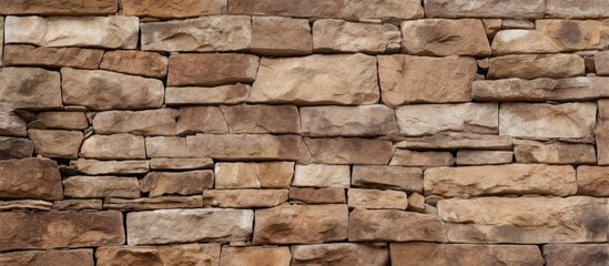 A close up of a brown stone wall made of rectangular bricks, showcasing the beautiful brickwork of this composite material. The beige color gives a natural and rocklike appearance