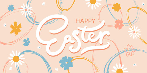 Happy Easter card, banner, background. Colorful holiday design with eggs, lettering, flowers.