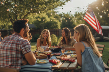 Family and friends enjoy a backyard summer barbecue grill cookout dinner party