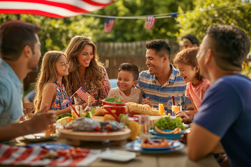 Hispanic family and friends enjoy a backyard summer barbecue grill cookout dinner party on 4th of July
