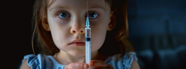 a little girl with a syringe in her hands - obrazy, fototapety, plakaty