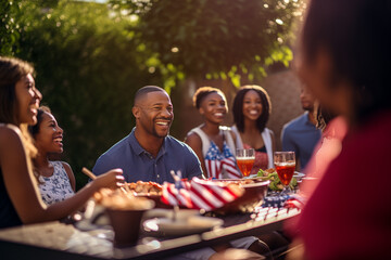 African American family and friends enjoy a backyard summer barbecue grill cookout dinner party on 4th of July