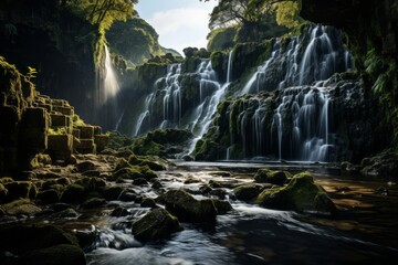 A picturesque waterfall in a forest with a flowing river