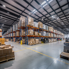 Interior of a large distribution warehouse with shelves and boxes