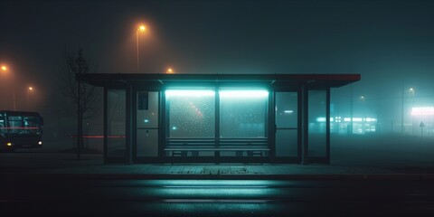 Empty bus stop on a foggy night with city lights