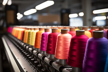 Colourful thread machine spools in a garment industry textile clothing factory