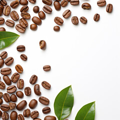 Roasted coffee beans and leaves on a white background with copy space