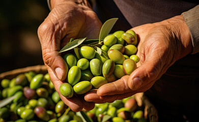 Farmer holds a pile of fresh picked olives in his hands on a farm