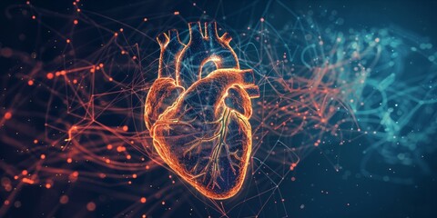 Human heart illustration with a network of glowing lines.