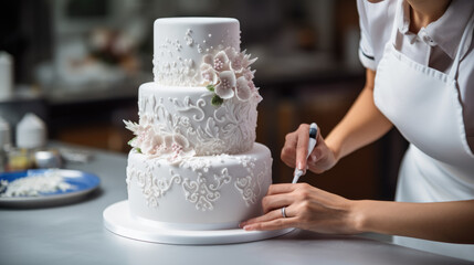 Pastry chef decorates a fancy wedding cake in a kitchen