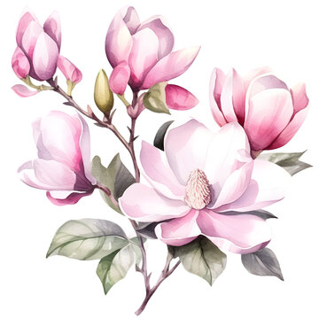 Vintage beautiful realistic art of a pink magnolia flower branch with leaves, watercolor PNG illustration isolated on transparent background. Digital AI generated art