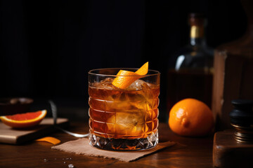 Scotch whiskey on a luxury bar counter with a zest of orange peel