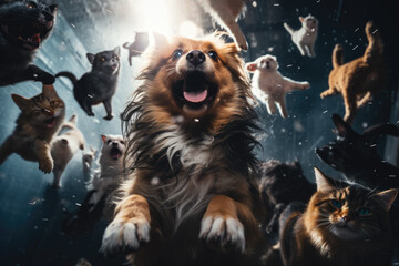Raining cats and dogs weather concept