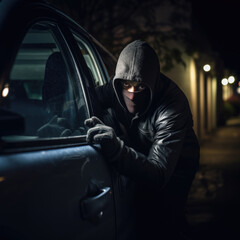 Thief breaking into a car to steal it at night - obrazy, fototapety, plakaty