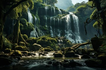 Waterfall in lush forest with river flowing through fluvial landscape - obrazy, fototapety, plakaty