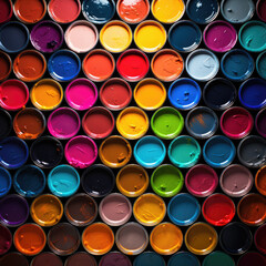 Colourful paint cans overhead view