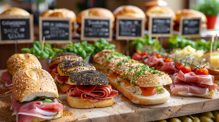 Delicious deli sandwiches on a wooden board, perfectly labeled for a gourmet shop experience