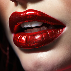 Close-up of a woman's bright red lips with shiny lipstick