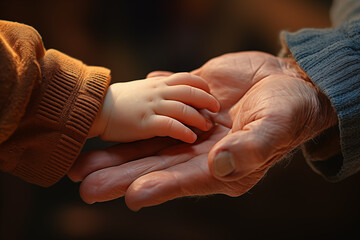 Close up of a babies hand in the open palm of an elderly grandparent
