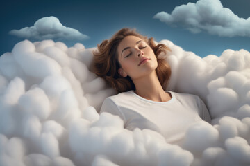 Relaxed woman with her eyes closed sleeping on a soft fluffy bed of clouds