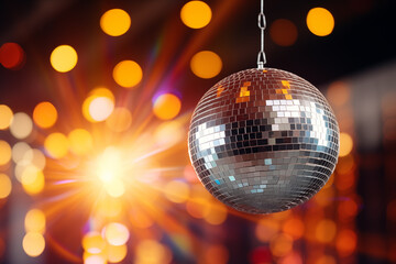 Mirror disco ball reflects a spotlight hanging in a dance music club