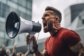 Aggressive muscular man screams into a megaphone at a rally