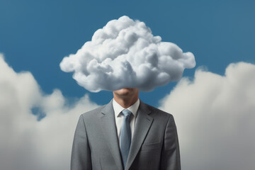 Business man in a suit dreaming with his head in the clouds