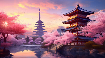 Temple and cherry blossoms around