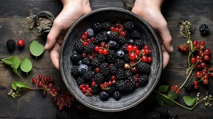 Foto op Plexiglas Hands represent a bowl of summer berries, a variety of fresh blackberries, red currants, healthy food selection, vintage style dishes. © ProPhotos