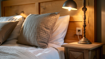 Mesa de cabeceira ao lado da cama com um abajur no estilo casa de fazenda  - obrazy, fototapety, plakaty